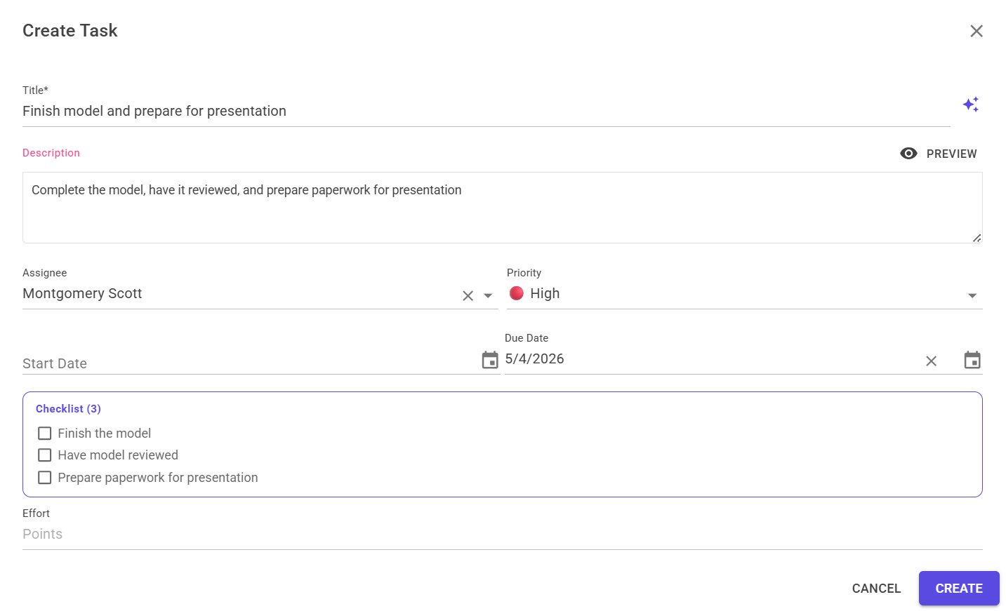 jME AI task creation result — structured task with title, assignee Montgomery Scott, High priority, due date and 3-item checklist generated automatically