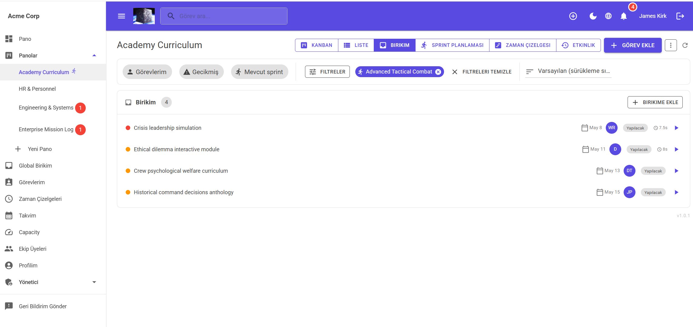 jME Backlog view in Turkish showing filtered backlog items with assignees, due dates and effort points