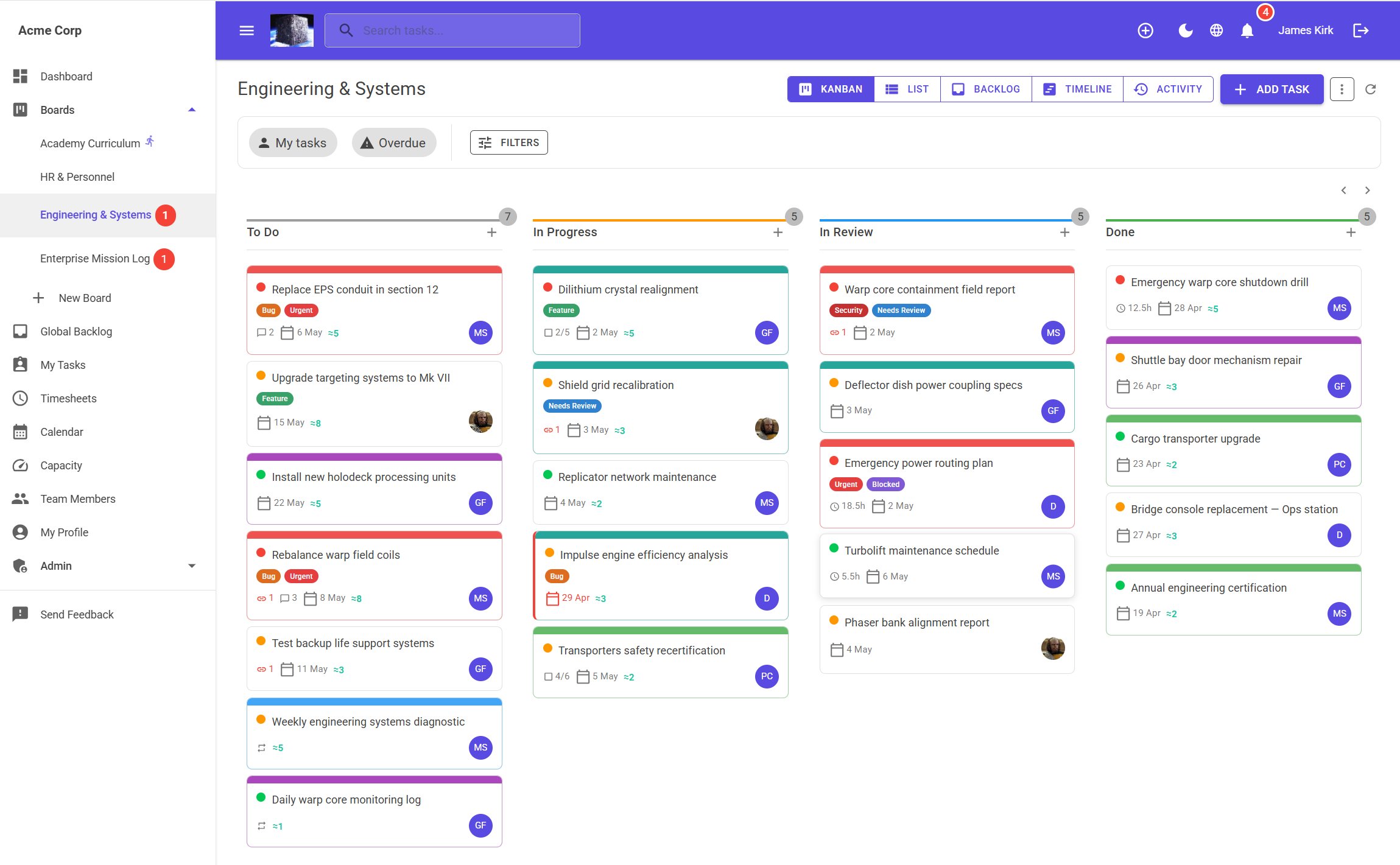 jME Kanban board showing Engineering & Systems board with task cards across To Do, In Progress, In Review and Done columns