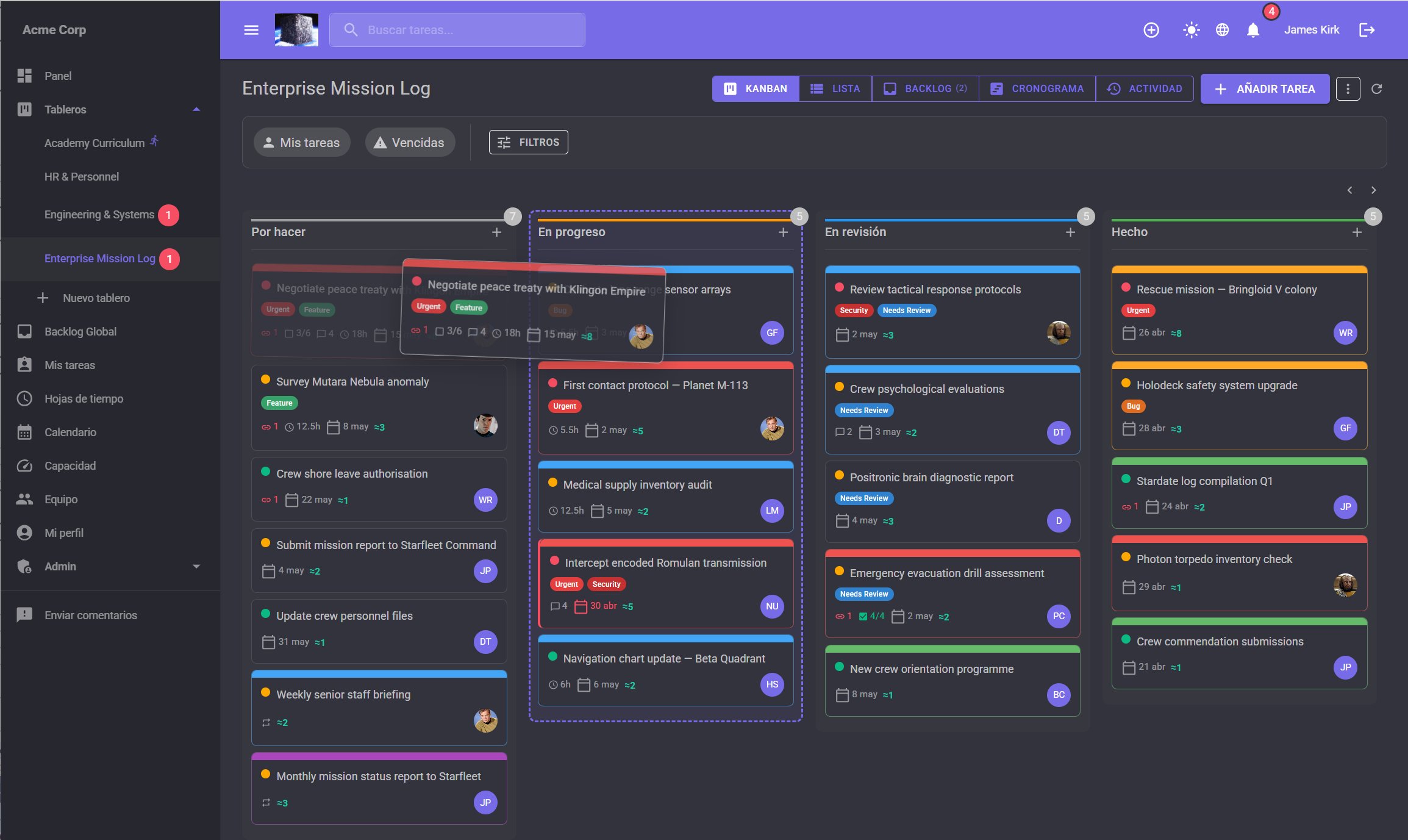 jME Kanban board with drag and drop in progress — dark mode