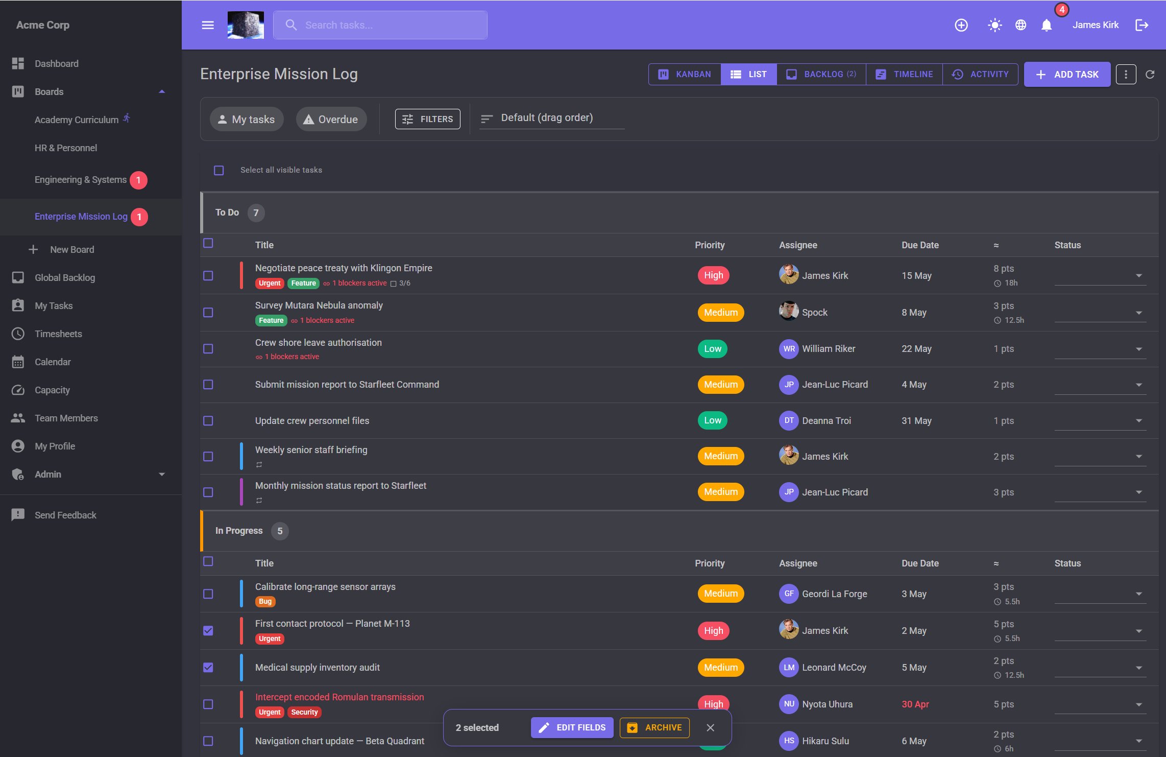 jME List view with bulk edit popup — 2 tasks selected with Edit Fields and Archive actions