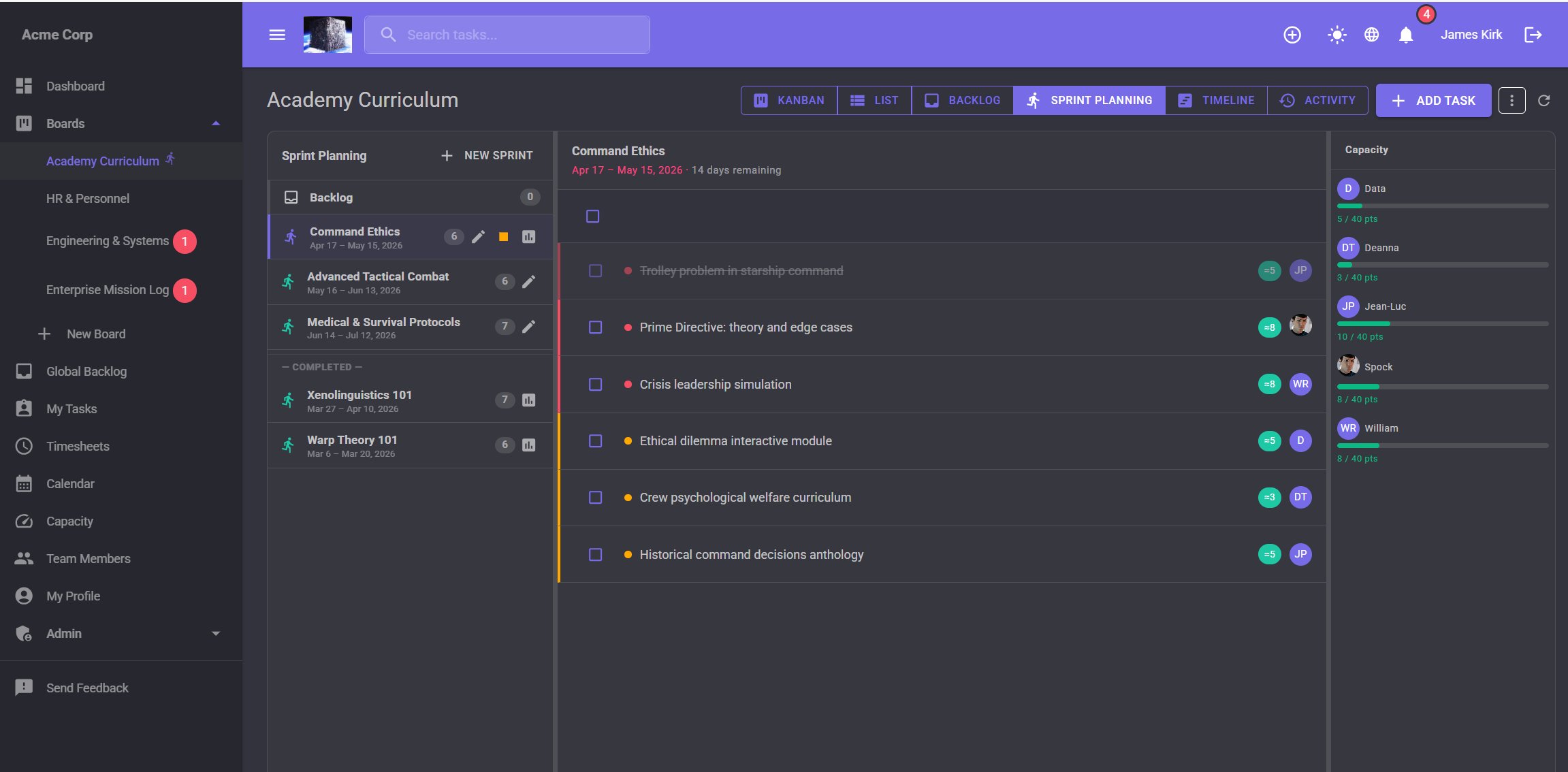 jME Sprint planning view showing sprint list, task backlog, and capacity panel with per-person point allocations