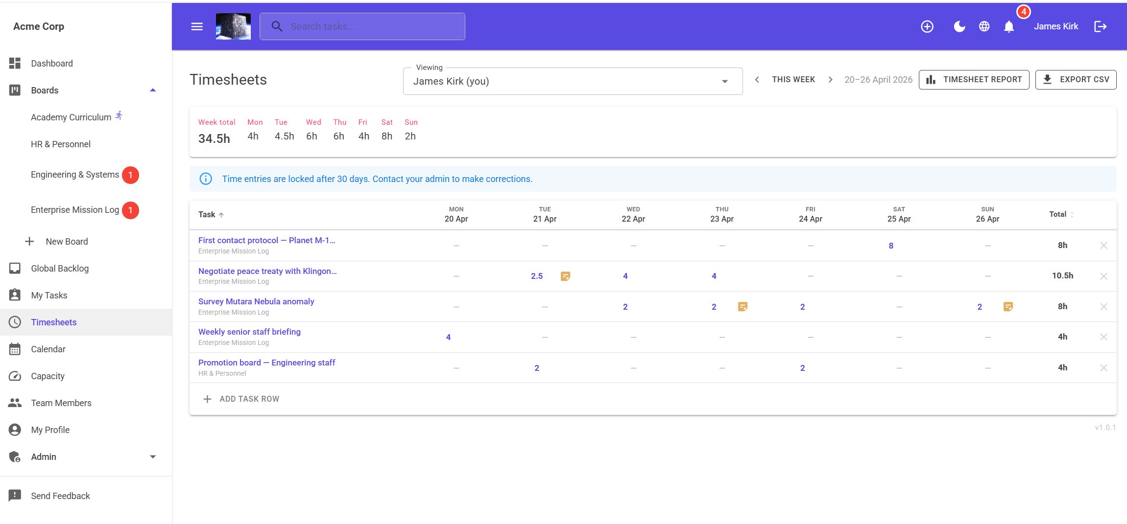 jME Timesheets — weekly grid showing 34.5h logged across multiple boards with lock notice and note icons